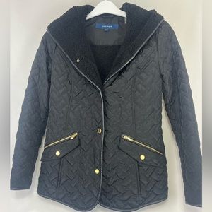 Cole Haan women XS sherpa lined, leather piping, hooded zip front black jacket,